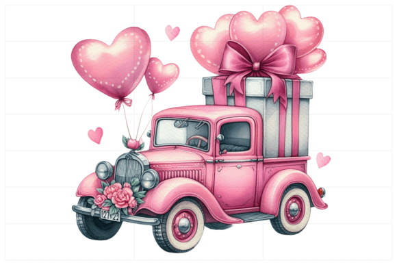 Download Pink Car with Large Gift, Heart Balloons - Gift Collection